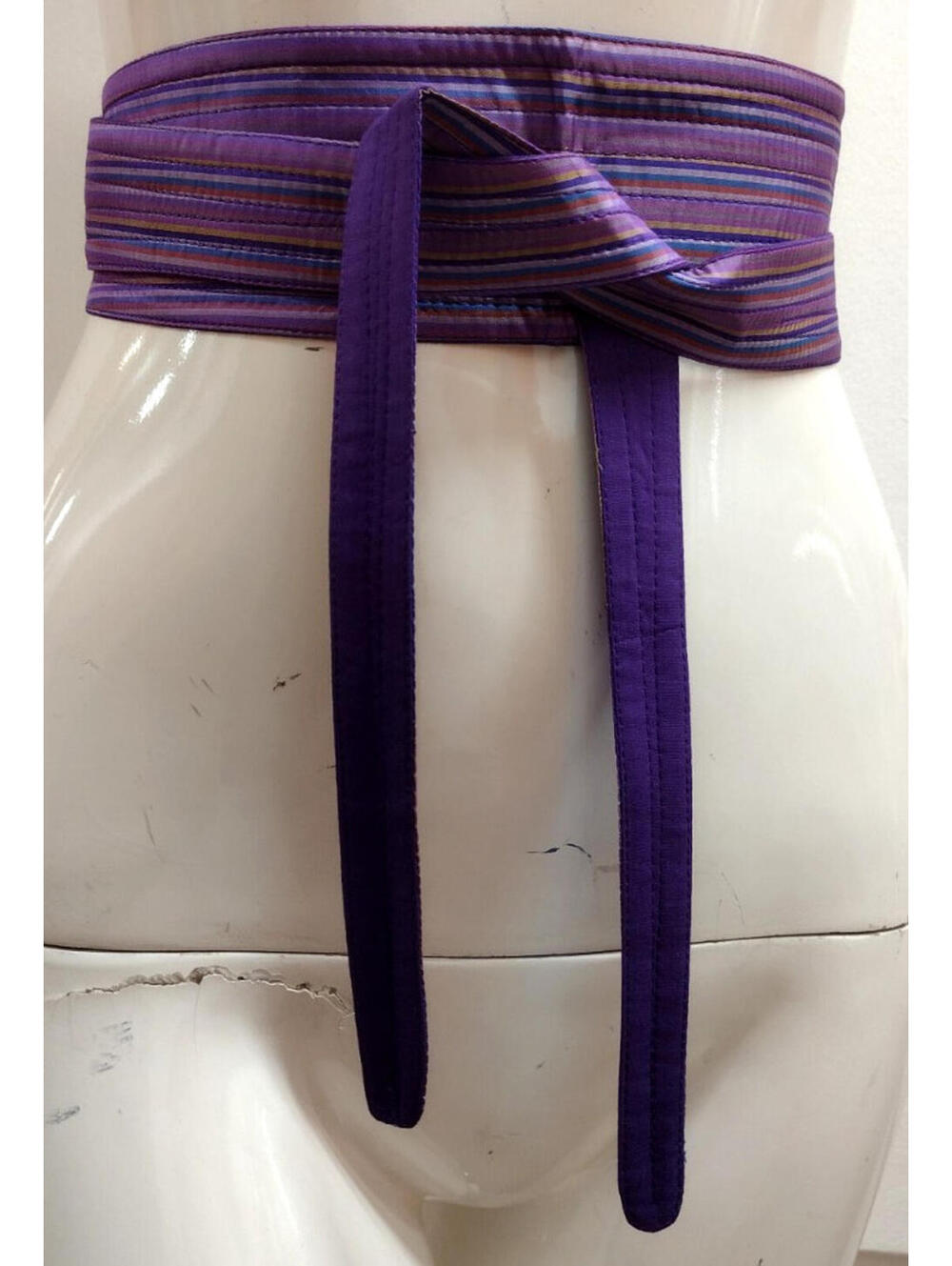 Vintage Silk Sash Belt Rich Purple Lavender Stripes 70s Bohemian OBI WRAP KIMONO
